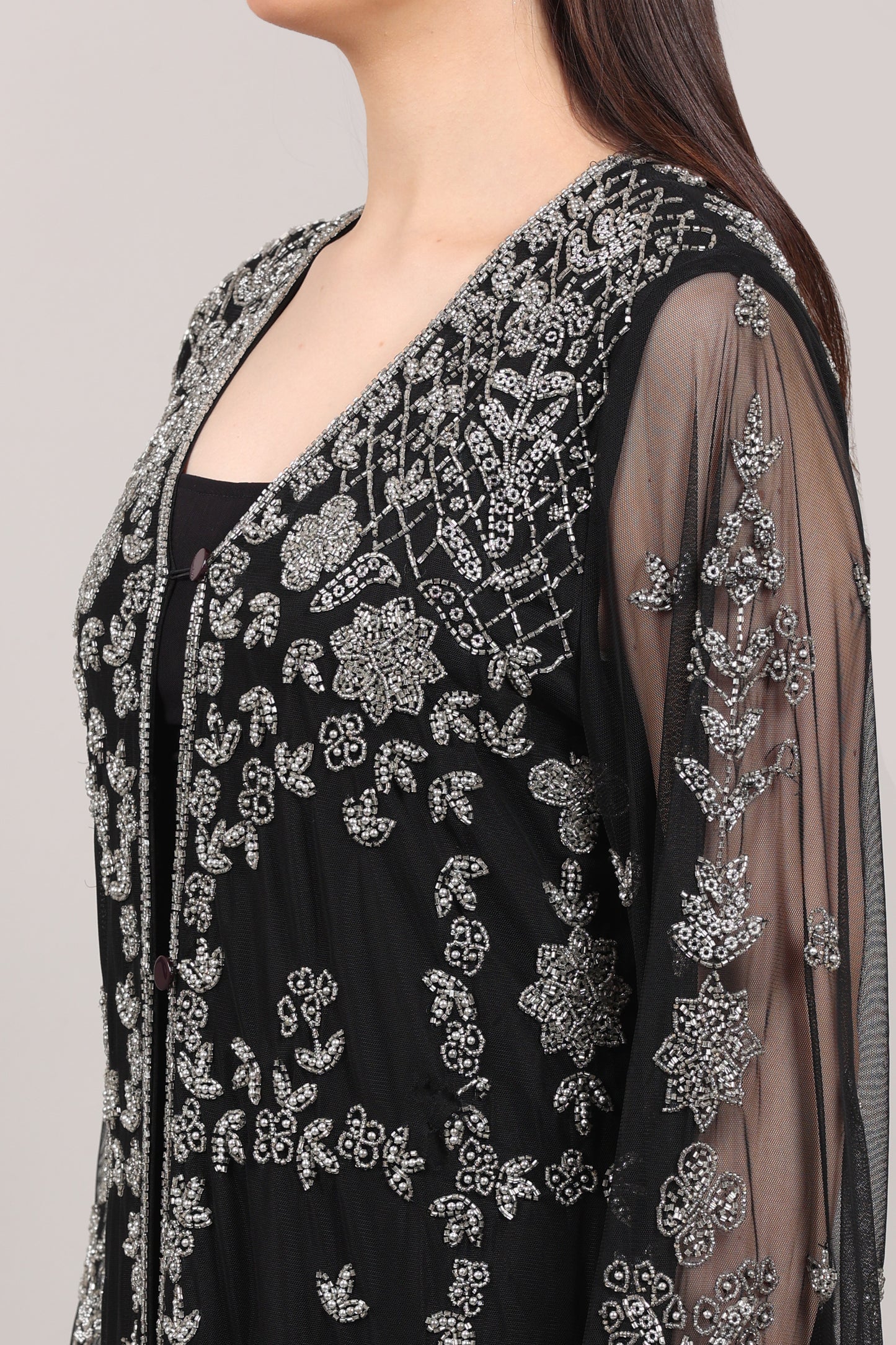 Black Hand-Embroidered Net Couture Kaftan with Bell Sleeves