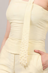 Cotton Linen Korean Tie-Up Top & Pearl Embellished Pants Co-Ord Set