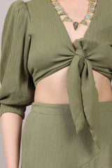Organic Cotton Front-Knot Puff Sleeve Crop Top
