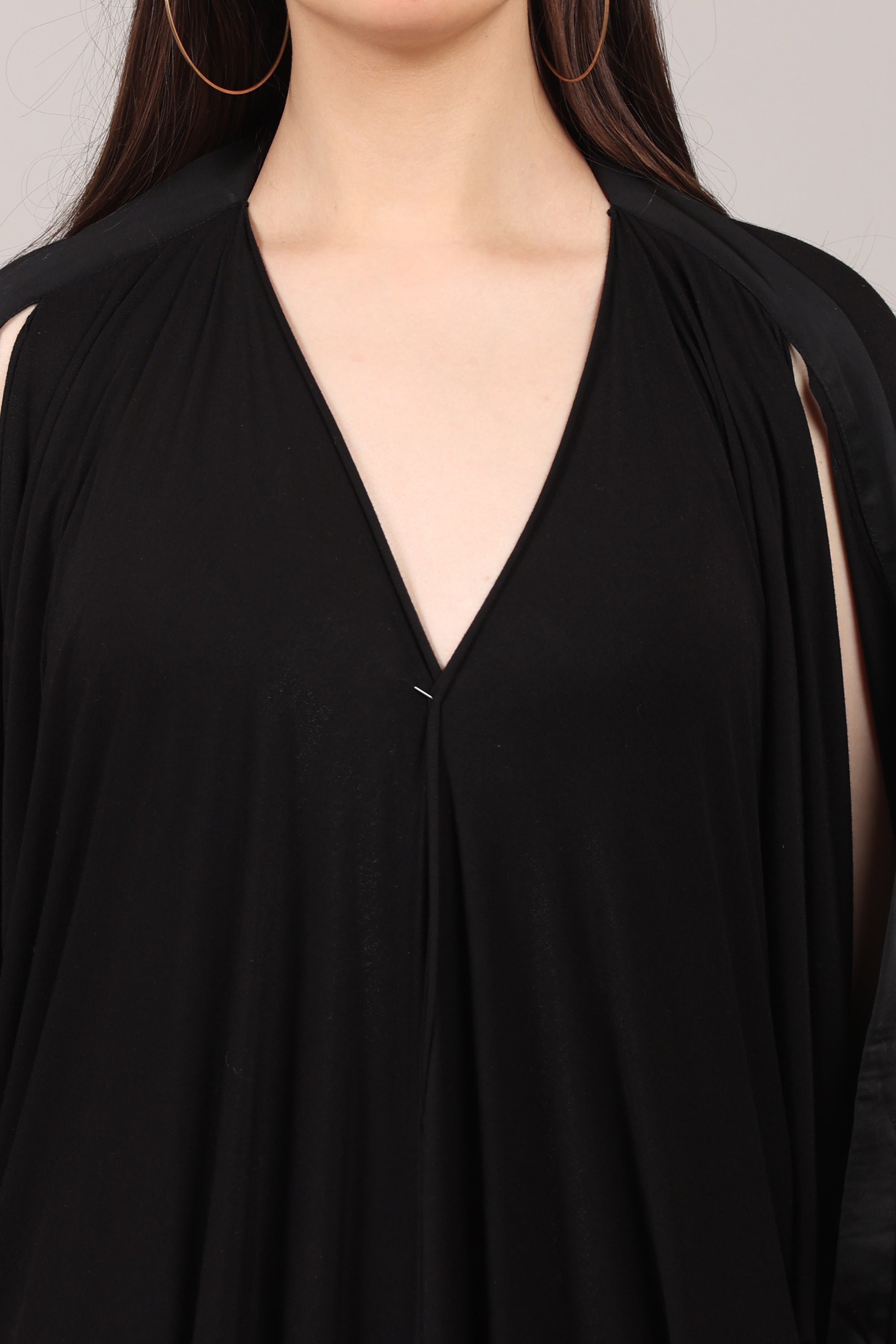 Solid Black Lycra V-Neck Kaftan Dress with Sleeve Slit Design
