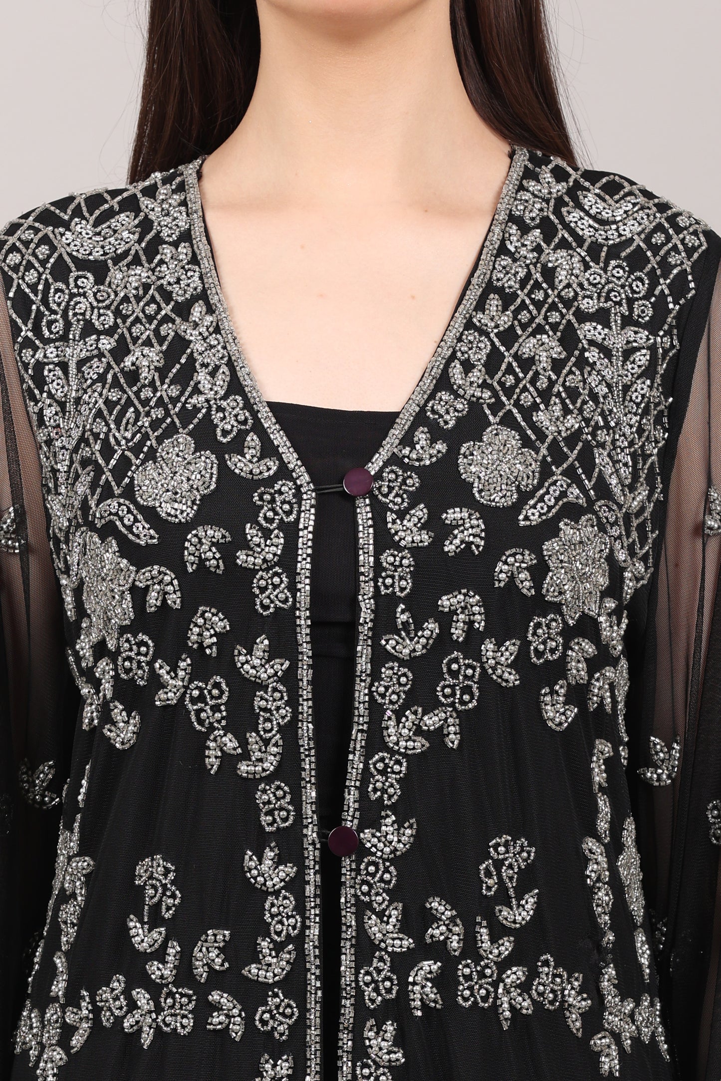 Black Hand-Embroidered Net Couture Kaftan with Bell Sleeves