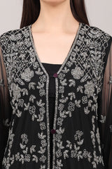 Black Hand-Embroidered Net Couture Kaftan with Bell Sleeves