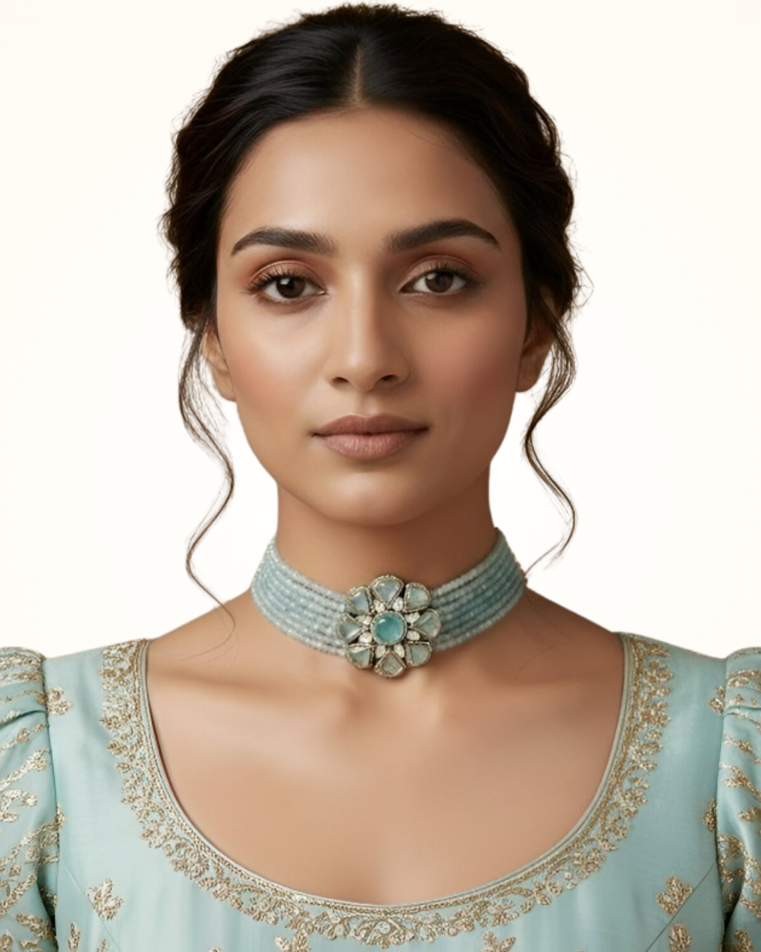 Eydis Pastel Blue Beaded Floral Choker Necklace