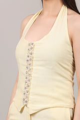 Cotton Linen U-Neck Tie-Back Top & Straight Pants Co-Ord Set with Hand Embellished Placket