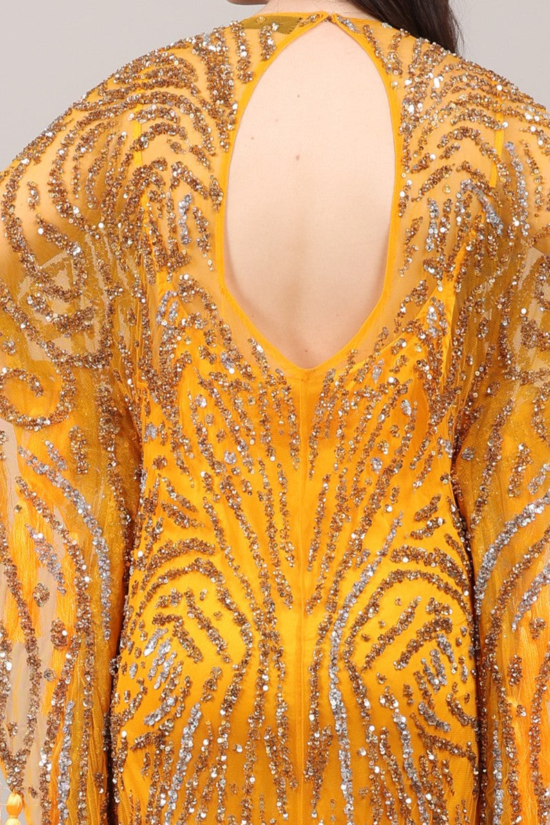 Mustard Hand-Embellished Couture Kaftan with Tassel Detailing