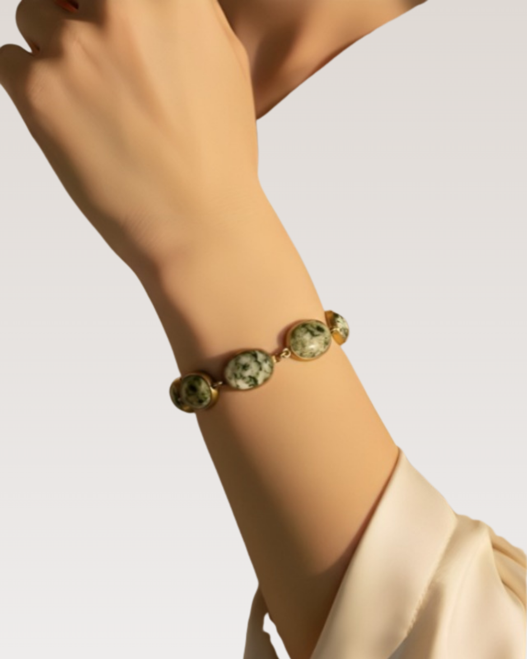Eydis Elegant Gold Chain Bracelet with Ivory White Marble Beads & Emerald Green Print | Designer Bracelet for Women