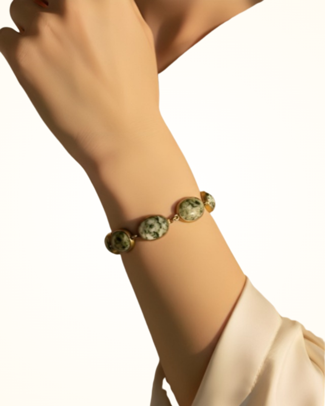 Eydis Elegant Gold Chain Bracelet with Ivory White Marble Beads & Emerald Green Print | Designer Bracelet for Women