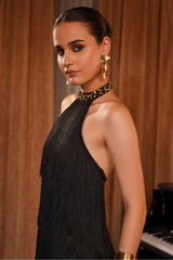 Black Fringe Halter Mini Dress