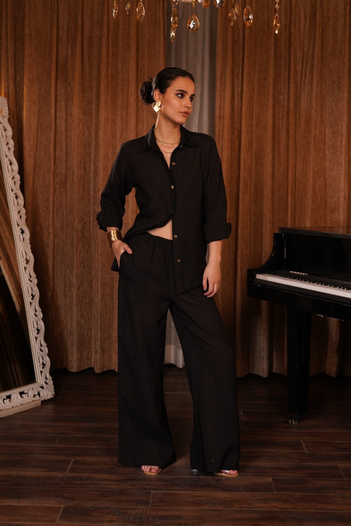 Metallic Button Down Shirt Trouser Set