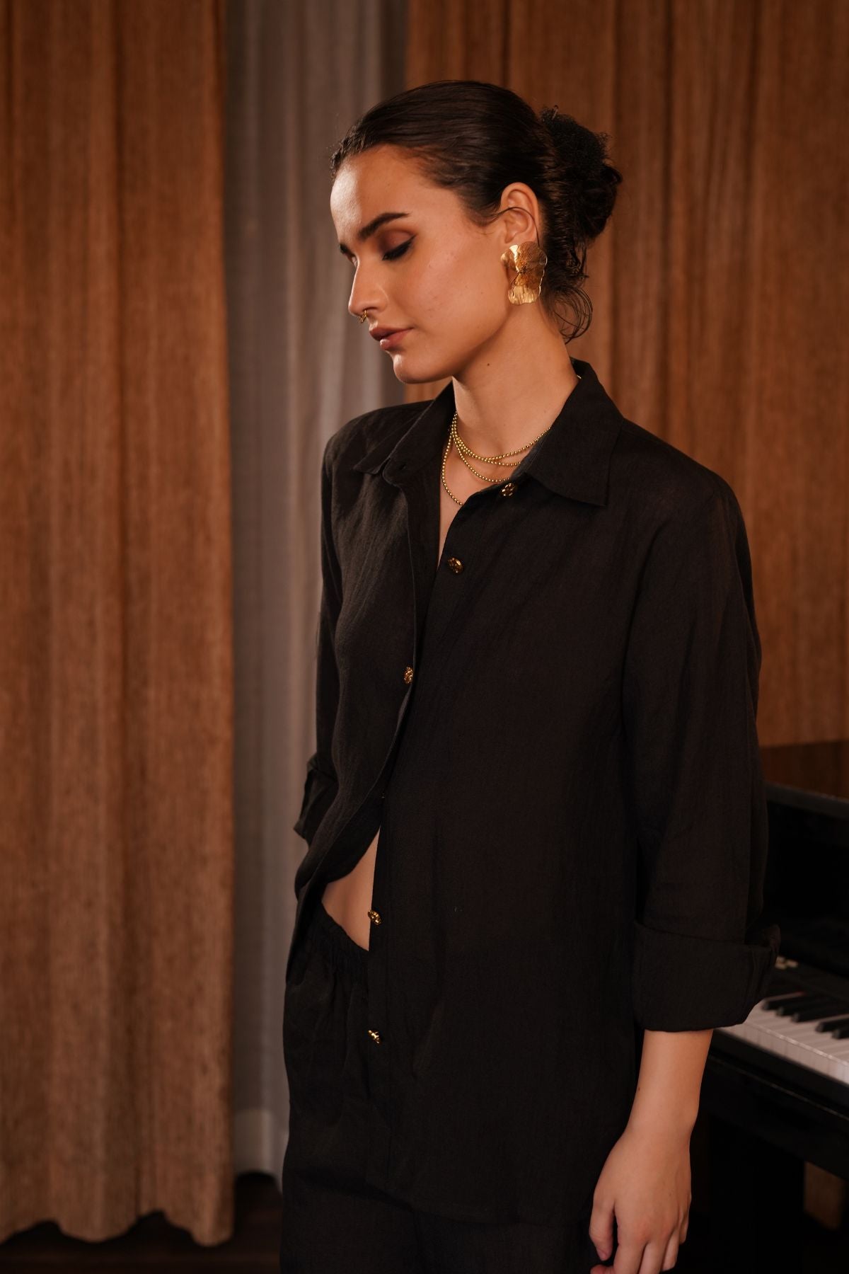 Metallic Button Down Shirt Trouser Set