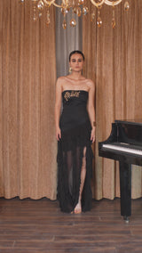Black Embellished Strapless Slit Dress